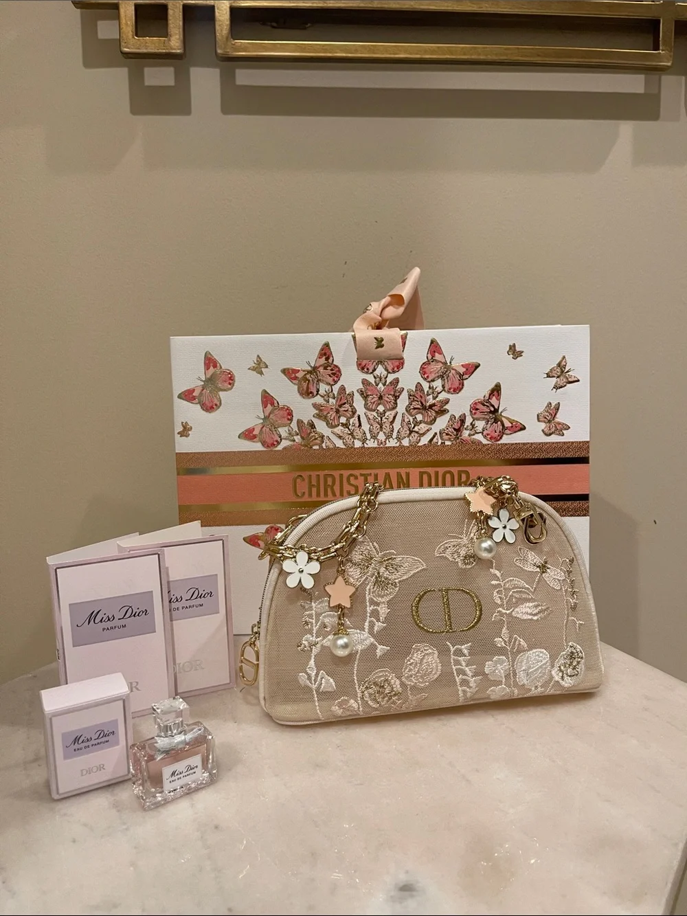 Dior Cream Embroidered Cosmetics Bag with Gold CD Charm and Floral Accents